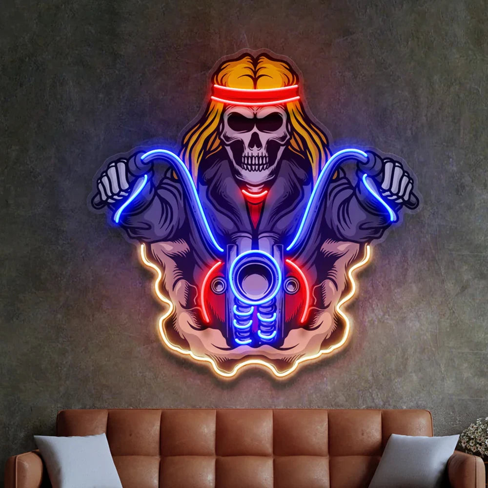 Biker Skull LED Neon Sign – Acrylic Wall Decor for Garage, Bar & Motorcycle Club