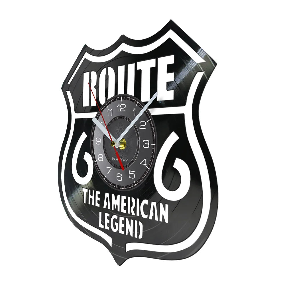 Route 66 Vinyl Record Wall Clock – Laser-Cut Highway Shield with Optional LED Backlight