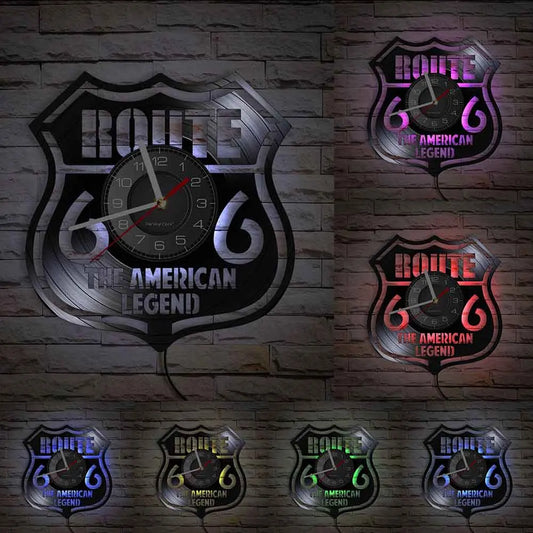 Route 66 Vinyl Record Wall Clock – Laser-Cut Highway Shield with Optional LED Backlight