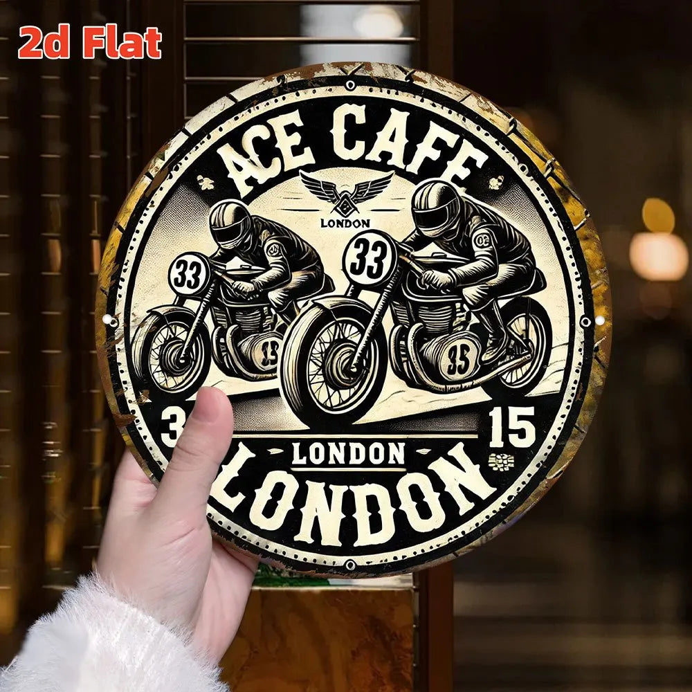 Biển hiệu kim loại treo tường phong cách cafe racer xe máy cổ điển — Hình tròn 20cm | Nhôm | Trong nhà & ngoài trời
