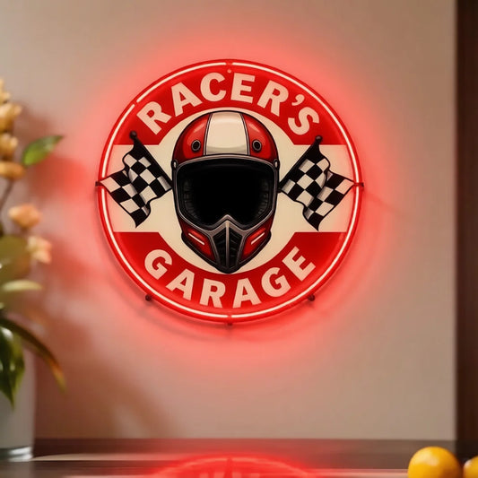 Racer's Garage LED Neon Sign – Retro Helmet & Racing Flag Wall Decor