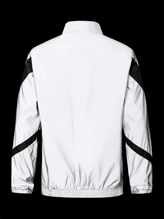 Men’s Night Reflective Patchwork Jacket – Stand Collar Streetwear | Spring & Autumn