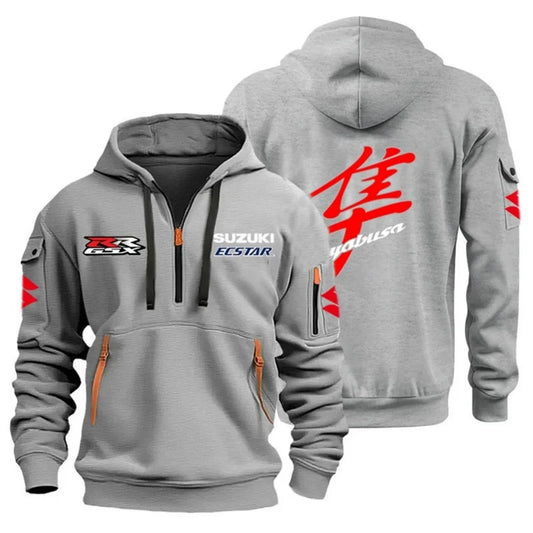 Motorcycle Rider Hoodie – Multi-Pocket Semi-Zip Graphic Sweatshirt
