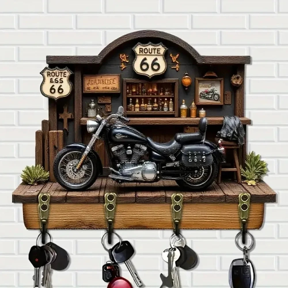 Route 66 Motorcycle Wooden Key Holder – Wall Hook Rack with 4 Hooks