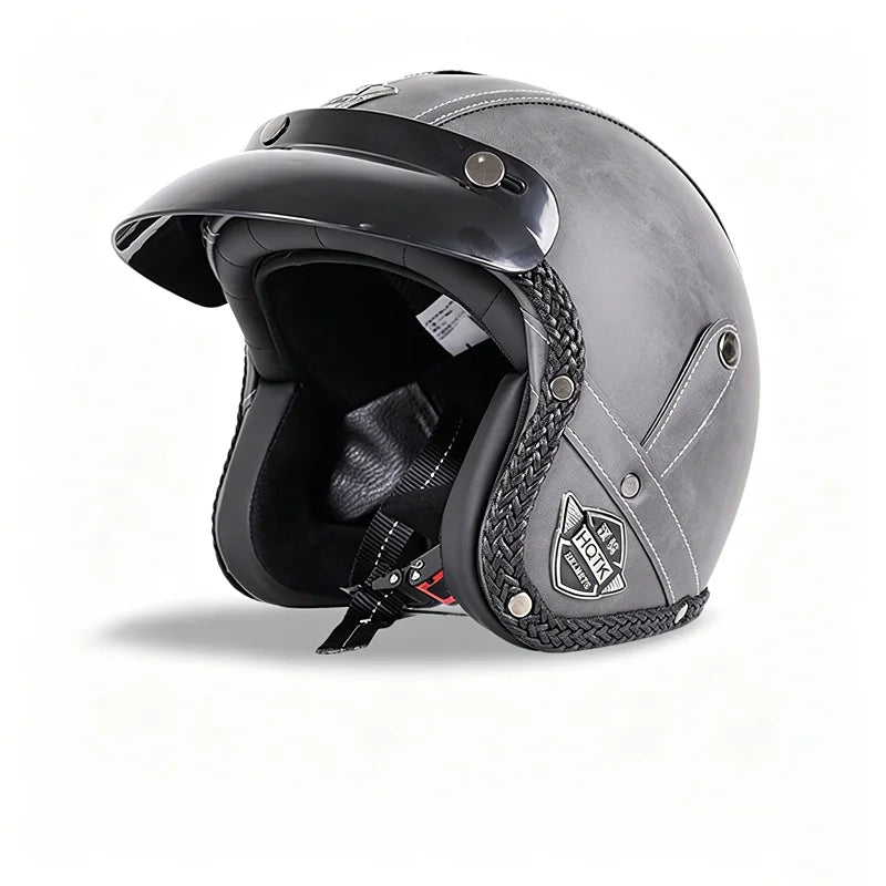 Classic Half-Face Motorcycle Helmet – Faux Leather Open Face Design, Unisex All Seasons