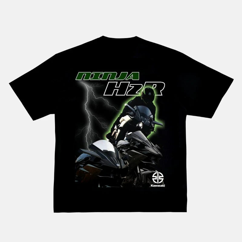 Loose-Fit Motorcycle Graphic Cotton T-Shirt – Short Sleeve