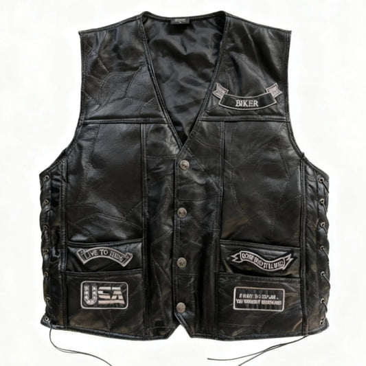Punk Biker Vest – Skull Patch Embroidered Motorcycle Waistcoat