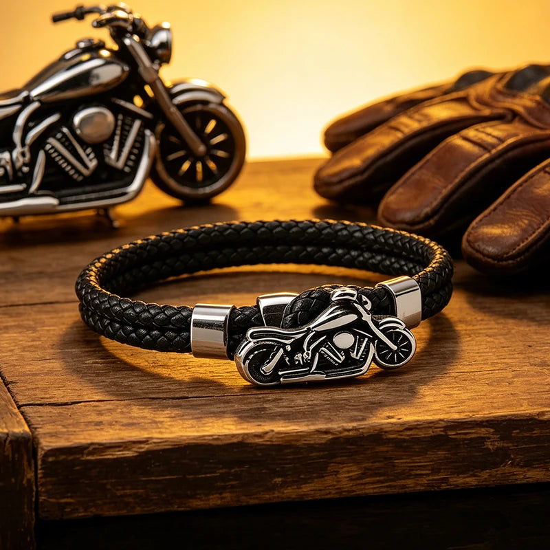 Hand-Woven Leather & Stainless Steel Multi-Layer Bracelet for Men