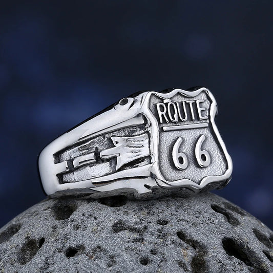 Route 66 Stainless Steel Biker Ring — Vintage Unisex