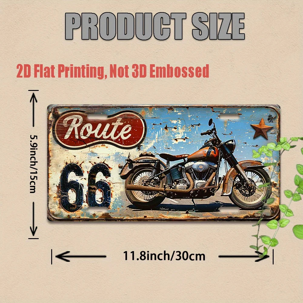 레트로 Route 66 오토바이 메탈 사인 – 빈티지 디스트레스드 벽 장식 패널, 15×30cm