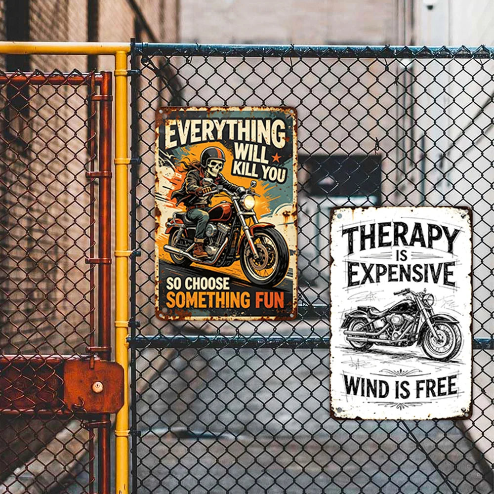 Conjunto de placas vintage de metal para motociclistas – 2 peças de decoração de parede para motocicleta