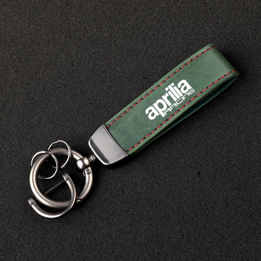Racing Embossed Leather Motorcycle Keychain – Stitched Strap & Double Ring