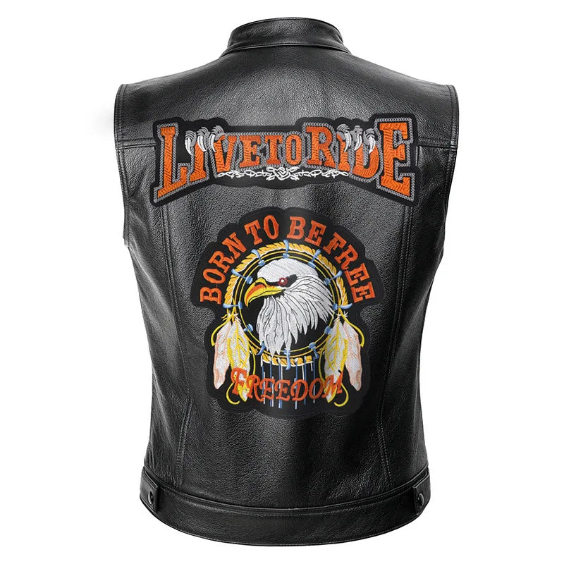 Gilet in pelle da motociclista punk da uomo – gilet da moto con teschio ricamato