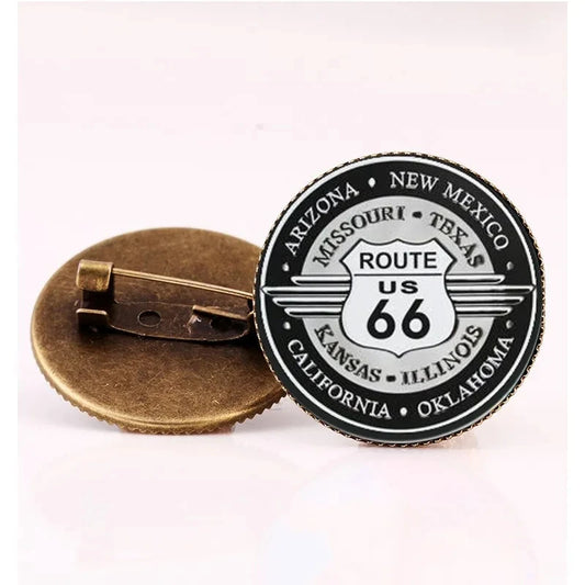 Route 66 Vintage Glass Dome Brooch Pin – Motorcycle Americana Badge