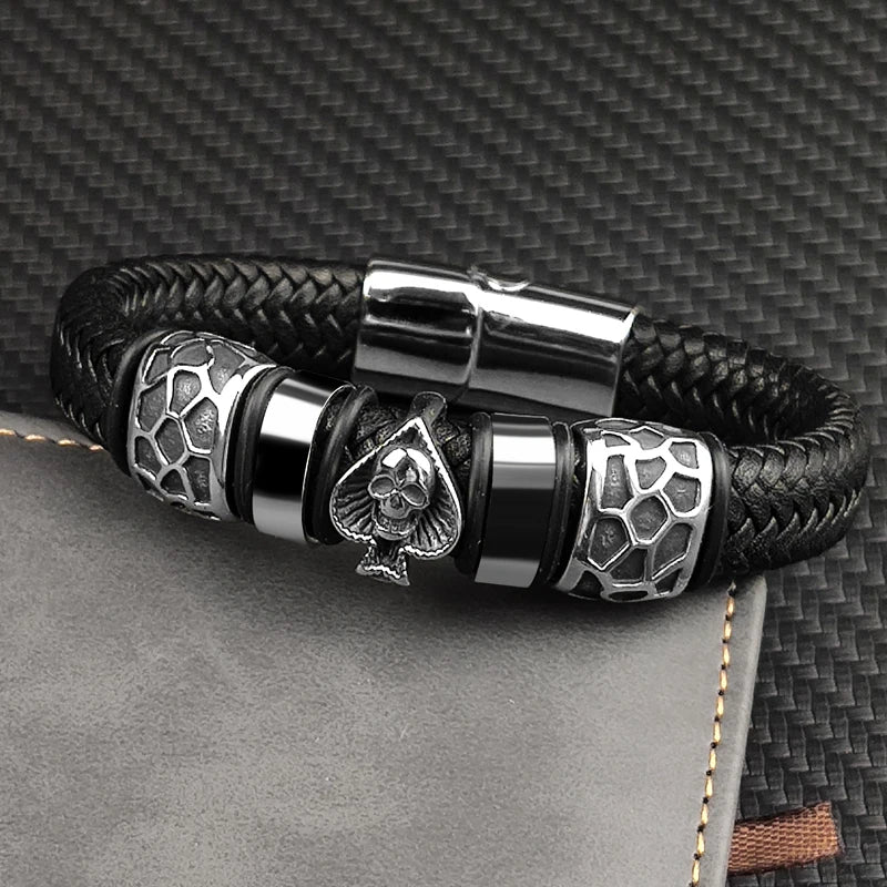 Braided Leather Skull Charm Bracelet for Men – Punk Stainless Steel