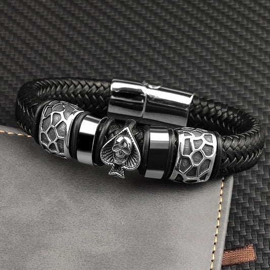 Braided Leather Skull Charm Bracelet for Men – Punk Stainless Steel