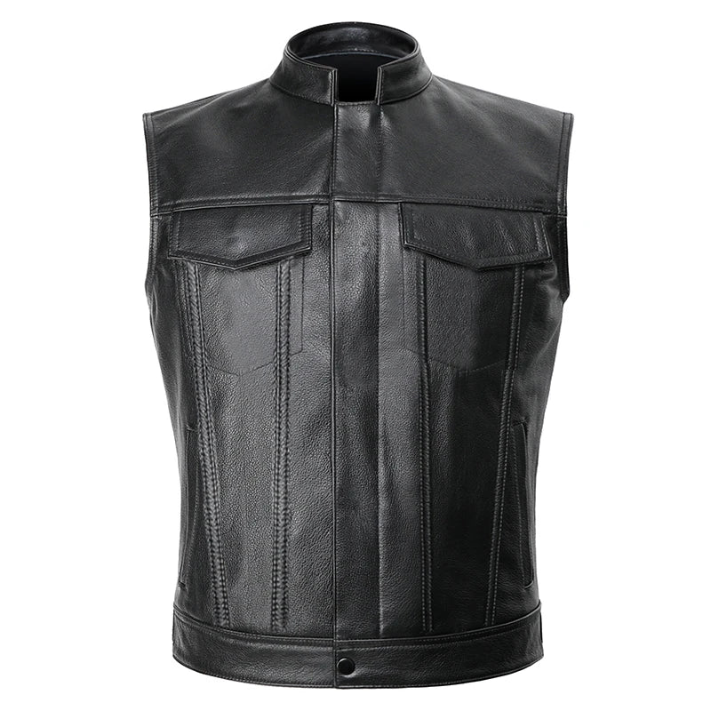 Gilet in pelle da motociclista punk da uomo – gilet da moto con teschio ricamato