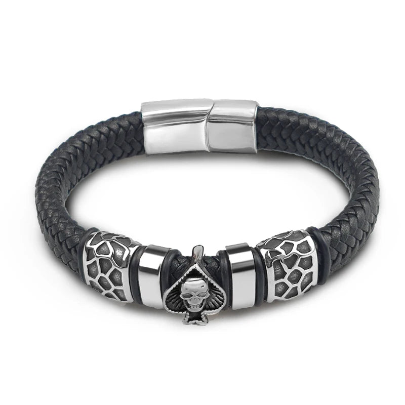 Braided Leather Skull Charm Bracelet for Men – Punk Stainless Steel