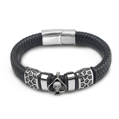 Braided Leather Skull Charm Bracelet for Men – Punk Stainless Steel