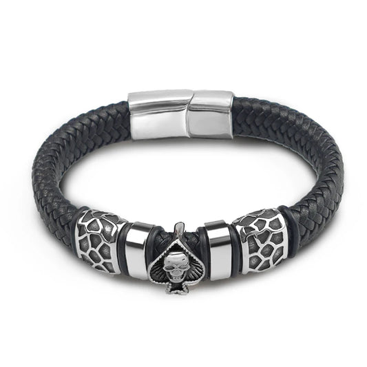 Braided Leather Skull Charm Bracelet for Men – Punk Stainless Steel