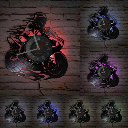 Motorcycle Vinyl Record Wall Clock – Laser Cut with LED Backlight