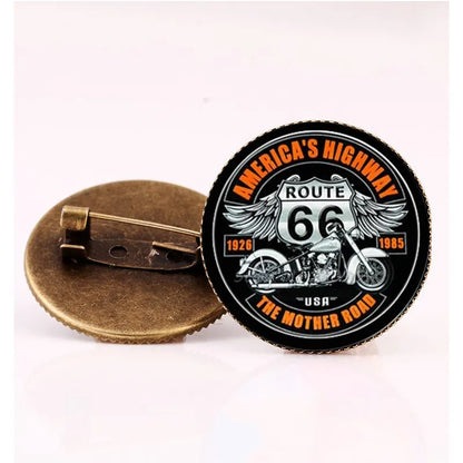 Route 66 Vintage Glass Dome Brooch Pin – Motorcycle Americana Badge