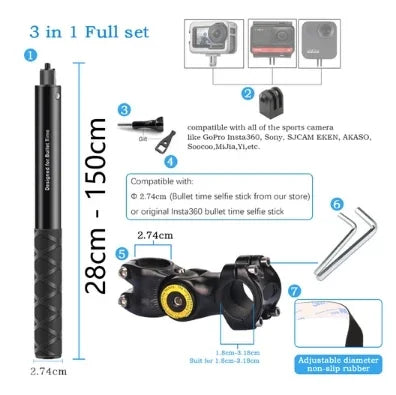 Motorcycle Handlebar Mount Invisible Selfie Stick – Action Camera Monopod