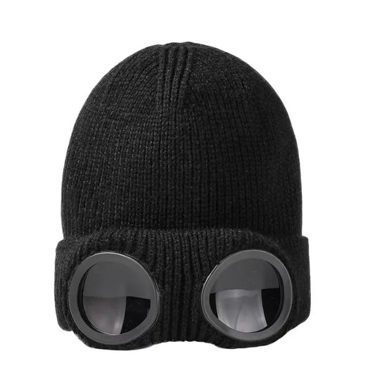 Knitted Winter Beanie with Goggles – Windproof Unisex Ski & Rider Hat