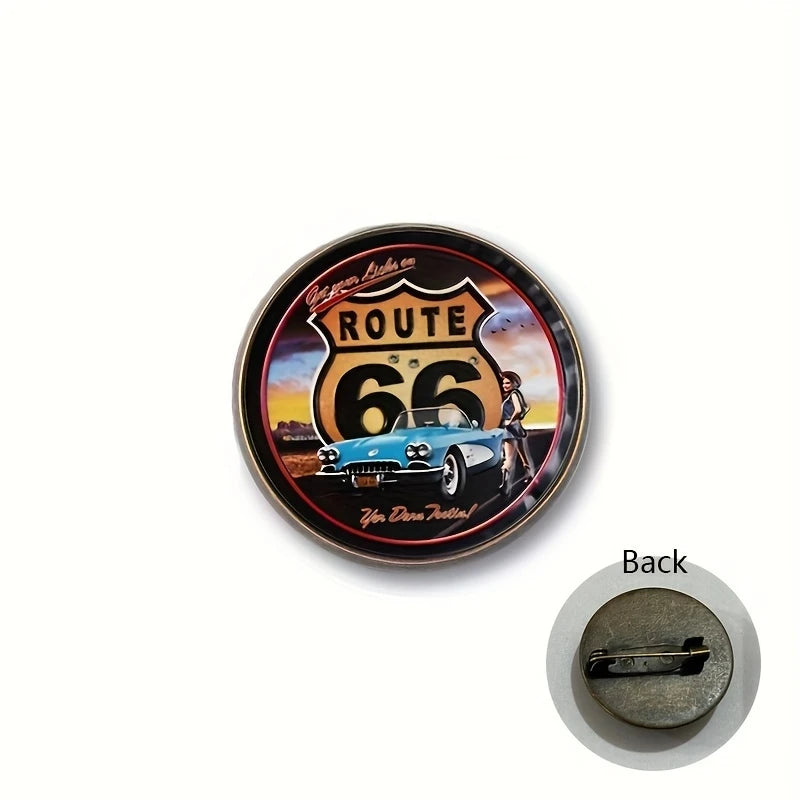 Route 66 Vintage Glass Dome Brooch Pin – Motorcycle Americana Badge