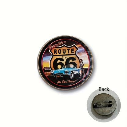 Route 66 Vintage Glass Dome Brooch Pin – Motorcycle Americana Badge