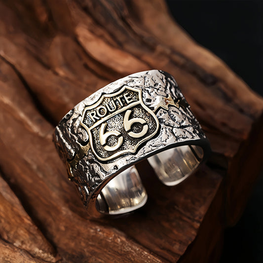 Route 66 Adjustable Open Ring — Silver-Plated Punk Biker