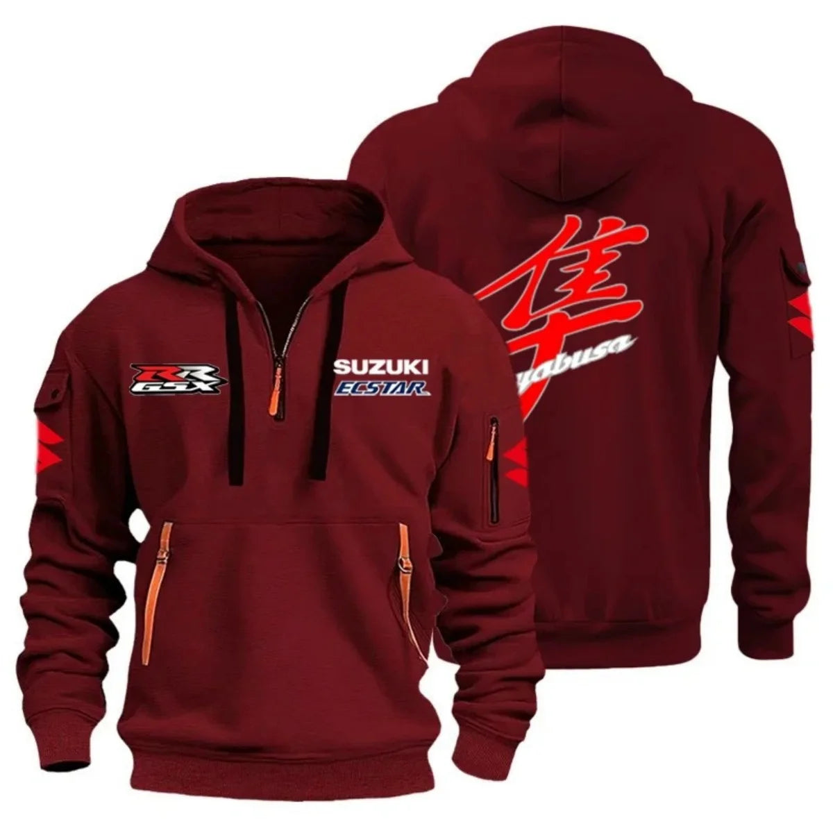 Motorcycle Rider Hoodie – Multi-Pocket Semi-Zip Graphic Sweatshirt