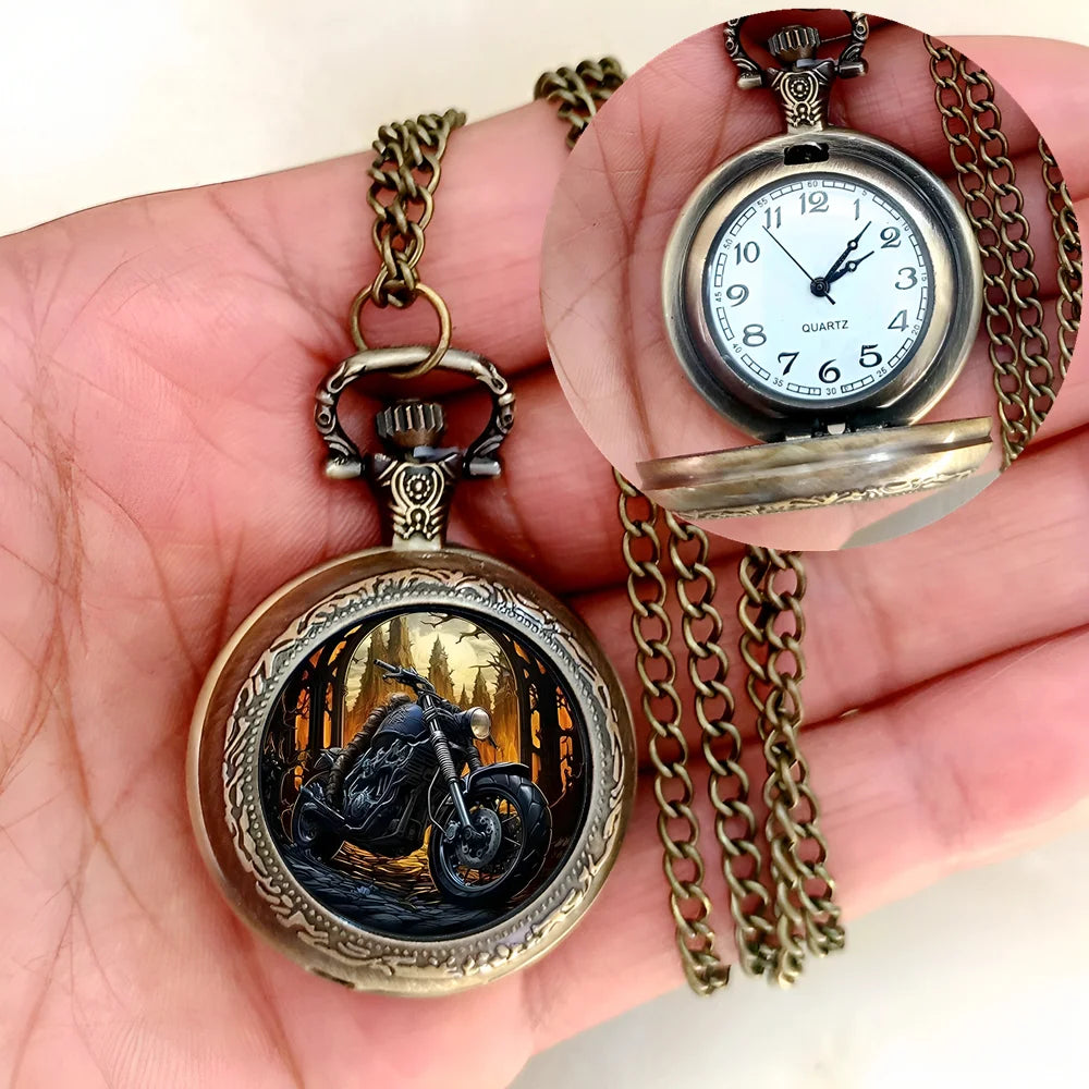 Vintage Motorcycle Biker Pocket Watch — Necklace Pendant