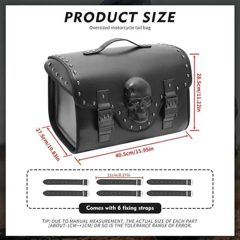 Borsa da sella posteriore in pelle PU da 32 L per moto – Design 3D con teschio | Adattamento universale impermeabile