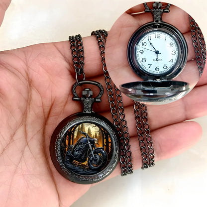Vintage Motorcycle Biker Pocket Watch — Necklace Pendant