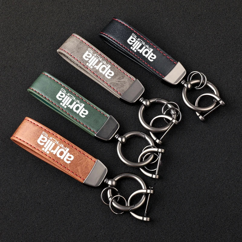 Racing Embossed Leather Motorcycle Keychain – Stitched Strap & Double Ring