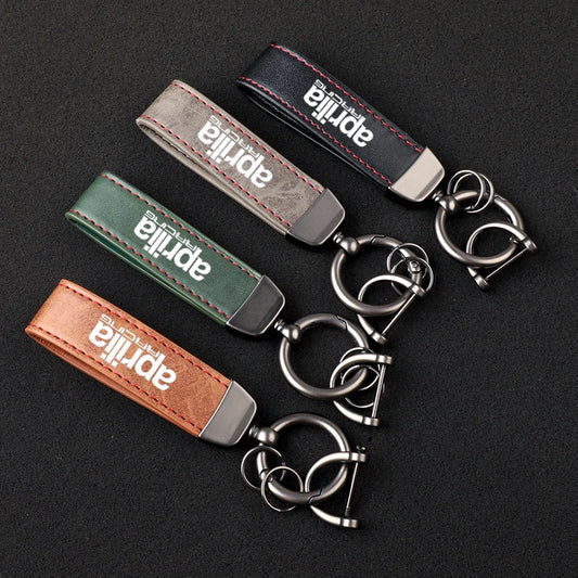 Racing Embossed Leather Motorcycle Keychain – Stitched Strap & Double Ring