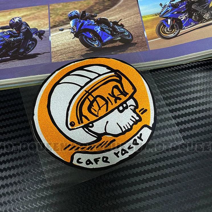 Cafe Racer Vintage Motorcycle Skull Sticker – Reflective PVC Decal for Helmet, Fuel Tank & Fender