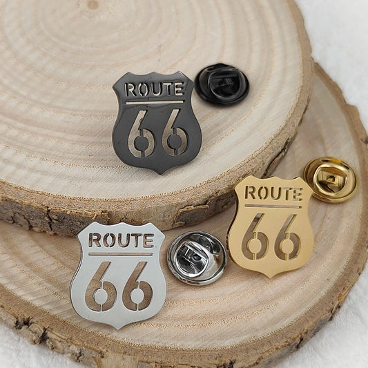 Route 66 Shield Lapel Pin – 316L Stainless Steel Badge