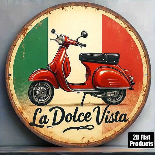 "La Dolce Vista" Vintage Italian Scooter Round Aluminum Wall Plaque