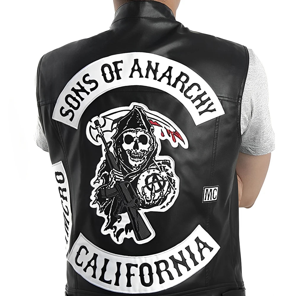 Gilet in pelle da motociclista punk da uomo – gilet da moto con teschio ricamato