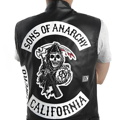 Gilet in pelle da motociclista punk da uomo – gilet da moto con teschio ricamato