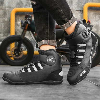 Men's Leather Motorcycle Ankle Boots – Breathable Anti-Slip Racing Shoes