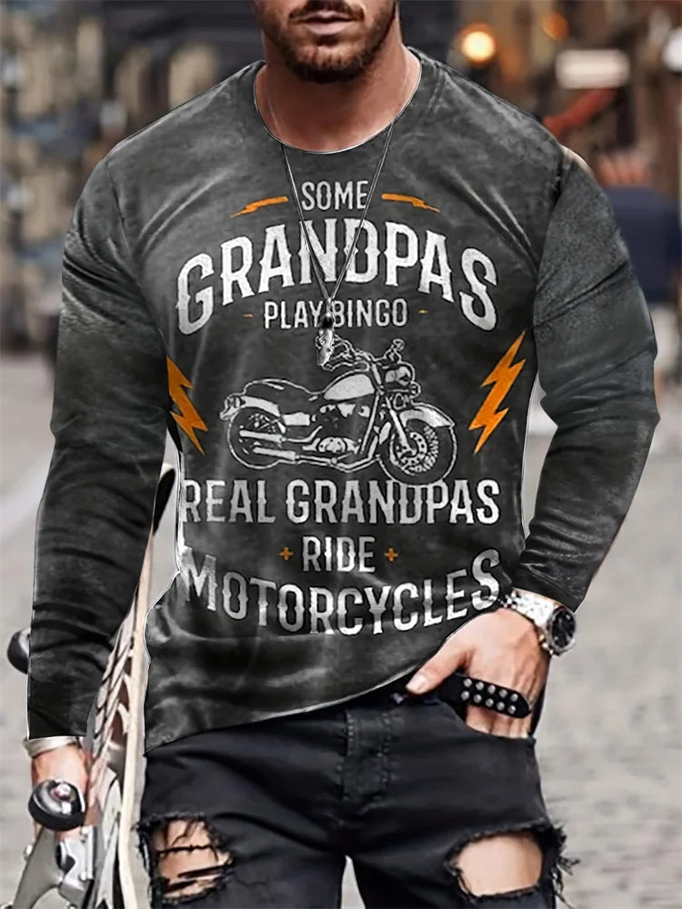 Vintage Motorcycle Print Long Sleeve T-Shirt – Men’s Moto Enthusiast Top, 6 Designs