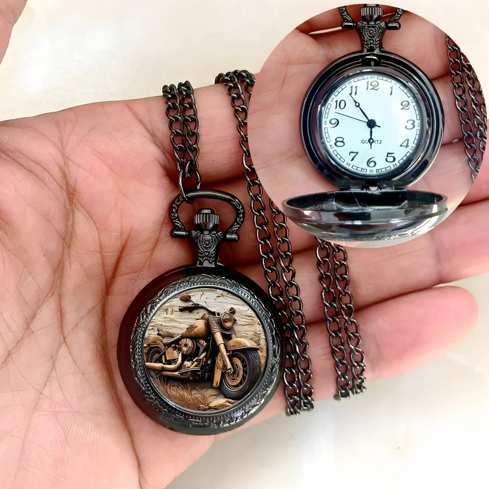 Vintage Motorcycle Biker Pocket Watch — Necklace Pendant