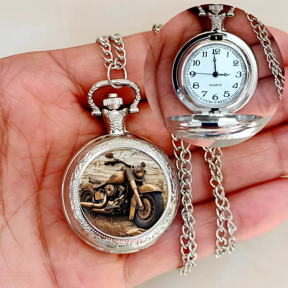 Vintage Motorcycle Biker Pocket Watch — Necklace Pendant