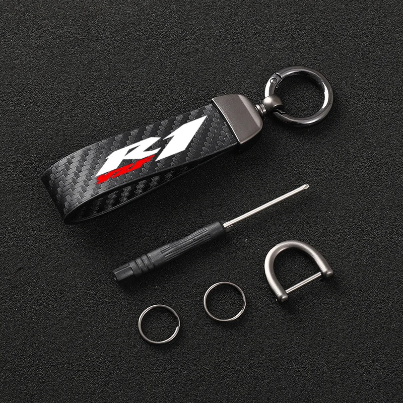 R1 Leather Motorcycle Keychain – Carbon Fiber Horseshoe Buckle