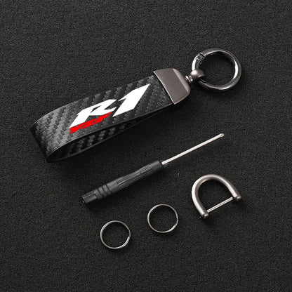 R1 Leather Motorcycle Keychain – Carbon Fiber Horseshoe Buckle