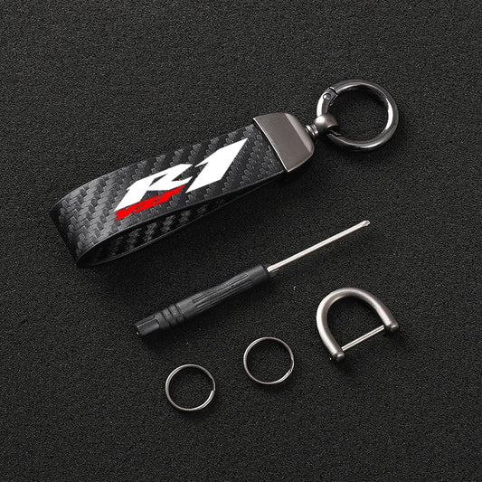 R1 Leather Motorcycle Keychain – Carbon Fiber Horseshoe Buckle