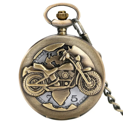 スチームパンク バイク型オープンワーク懐中時計 – アンティークブロンズ仕上げのクォーツ式、チェーン付き